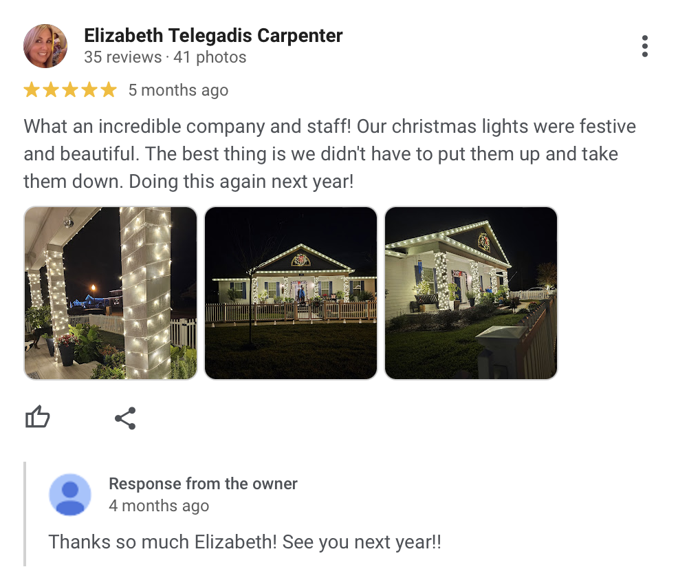 Google Reviews example showing Elizabeth Telegadis' comment about Southern Outdoor Lighting's work on her home