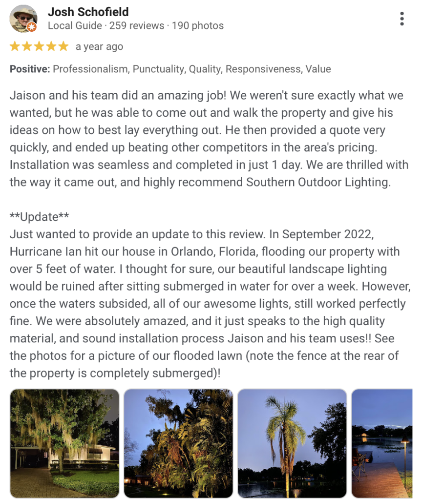 Google Reviews example showing Josh Schofield's comment about Southern Outdoor Lighting's work