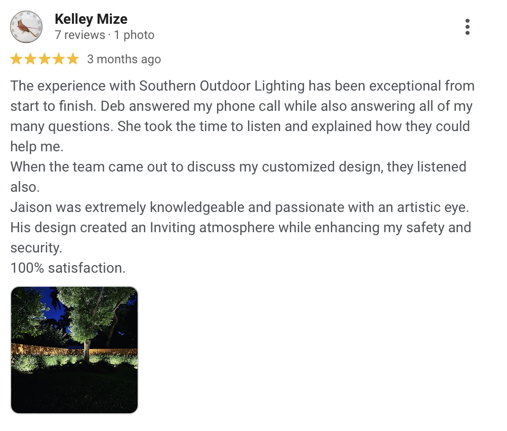Google Reviews example showing Kelley Mize's comment about Southern Outdoor Lighting's work