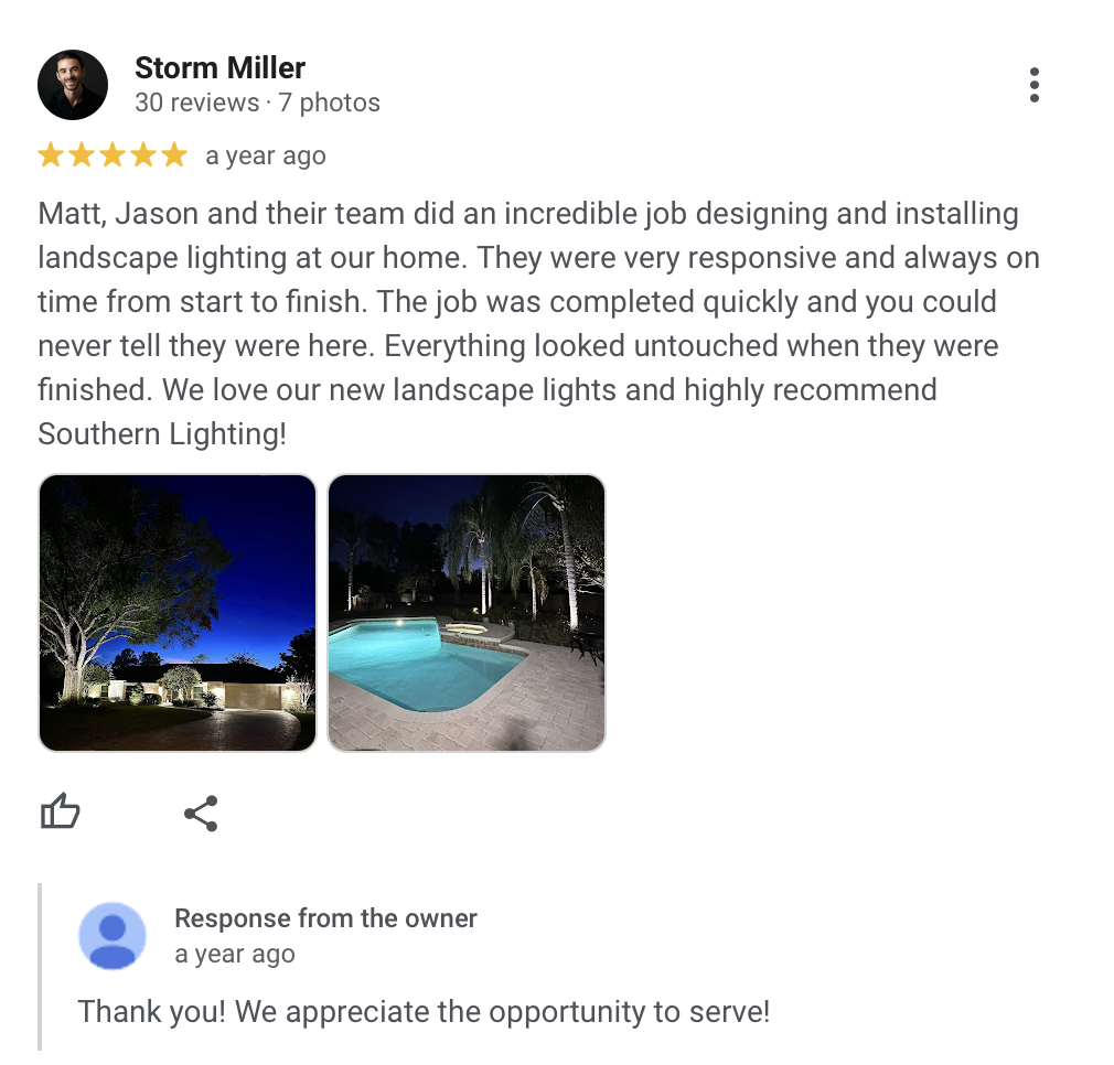 Google Reviews example showing Storm Miller's comment about Southern Outdoor Lighting's work