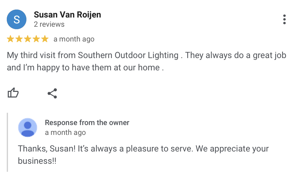 Google Reviews example showing Susan's comment about Southern Outdoor Lighting's work
