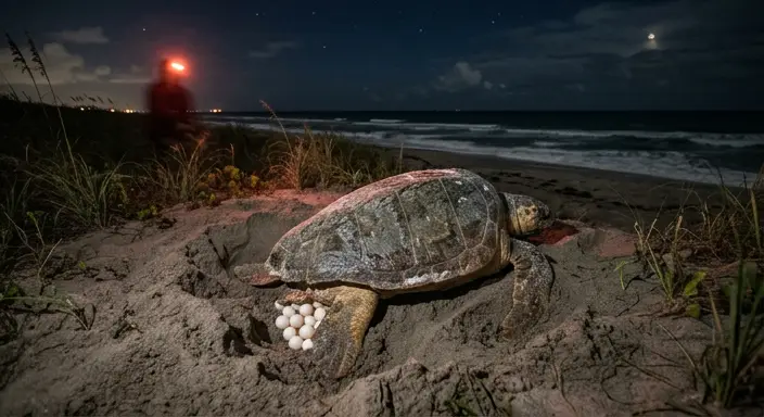 a nesting loggerhead turtle on a coastal florida beach at night.