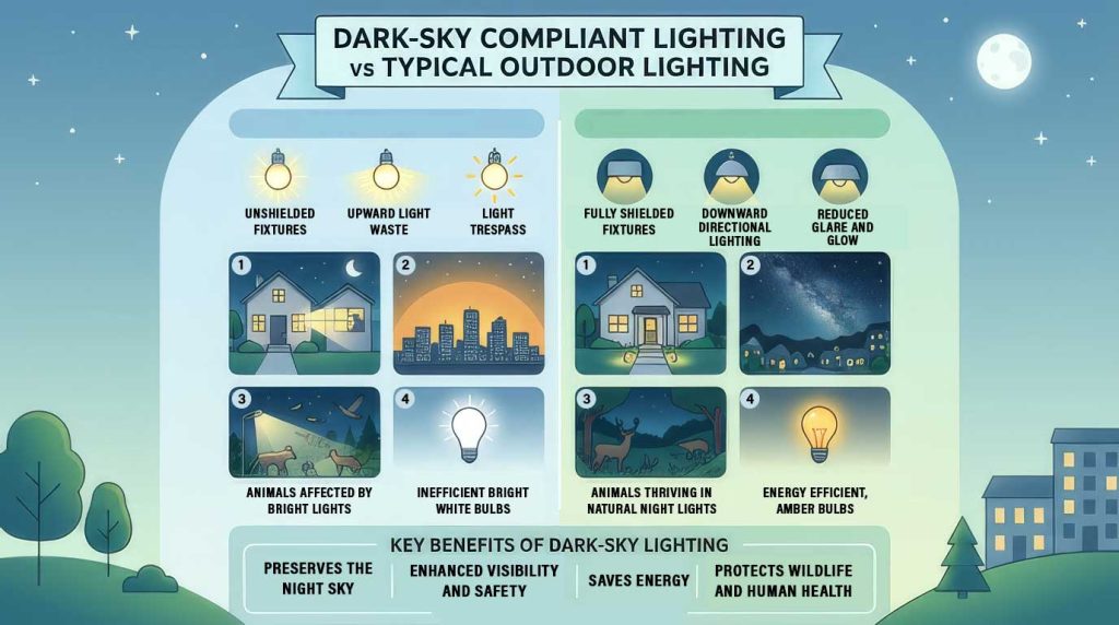 infographic explaining the difference between typical vs dark sky lighting
