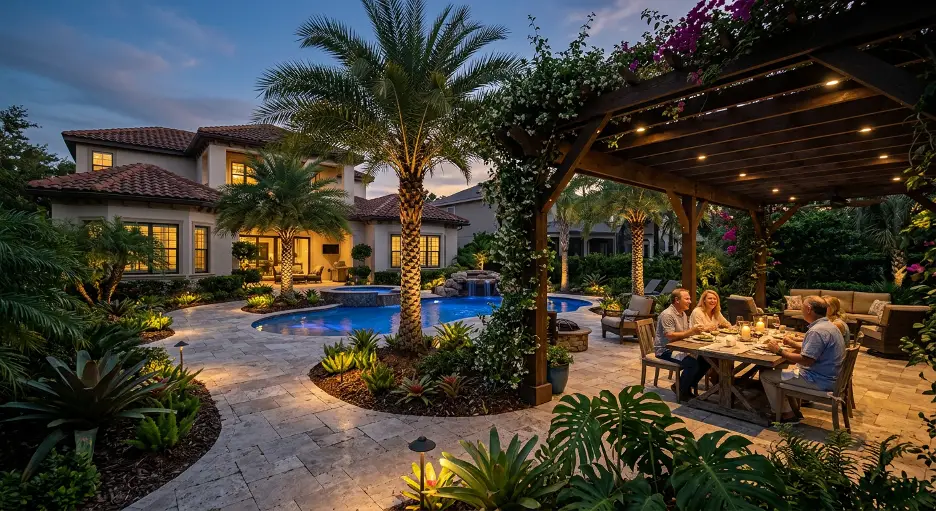 a scene of people enjoying an outdoor dinner. the outdoor lighting is designed with fixtures are that hidden and recessed.