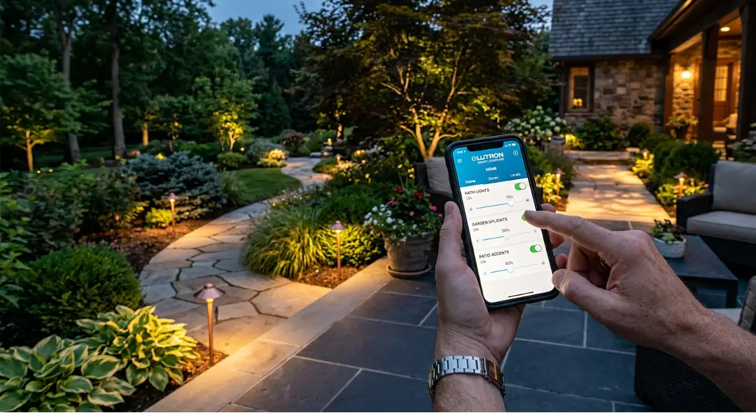 a user interacting with their outdoor lights using a smart phone application.