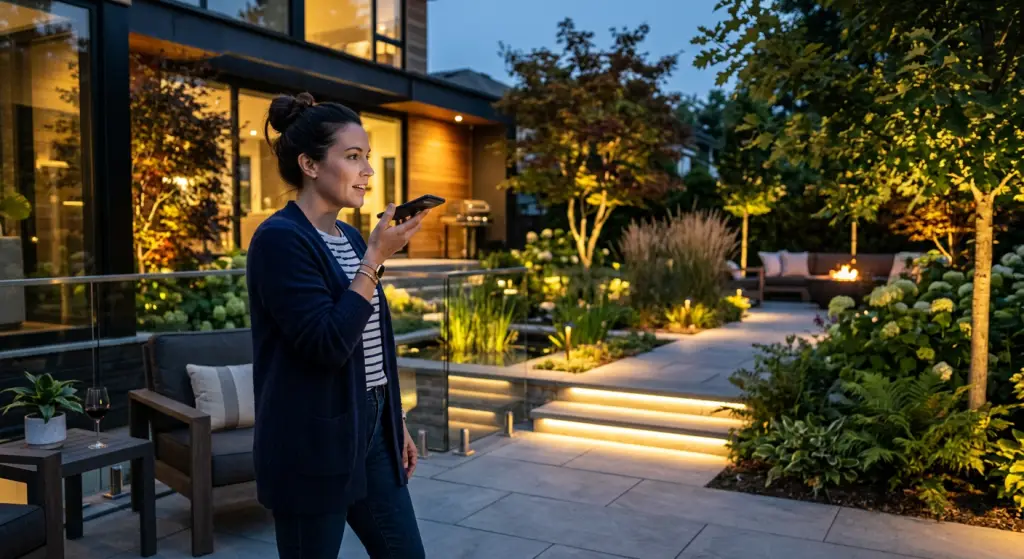 a woman using voice commands to control her outdoor landscape lights